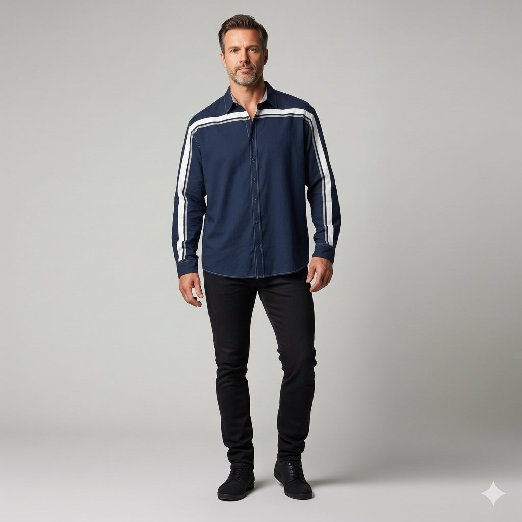 Navy MotoStripe™ Oversized Men’s Button-Down Shirt 💙⚡