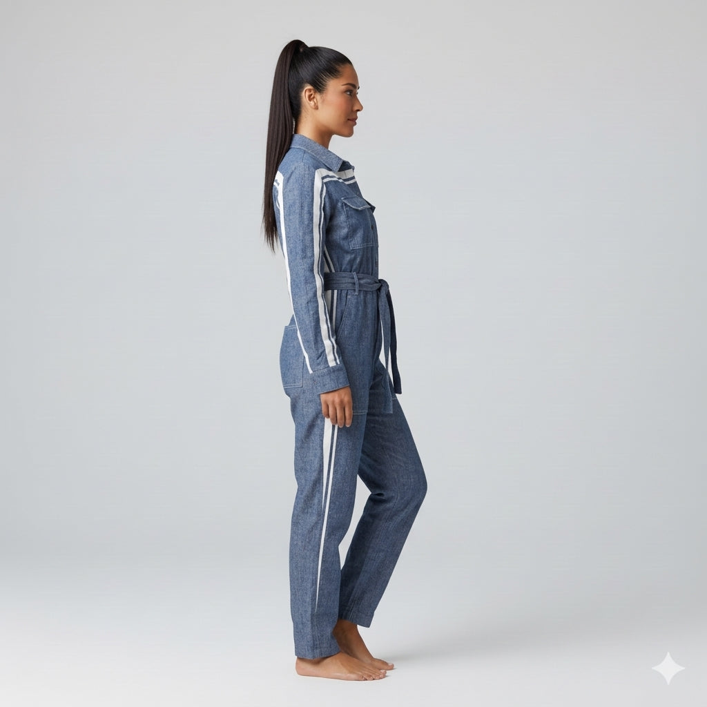 Acid Denim MotoStripe™ Button Jumpsuit
