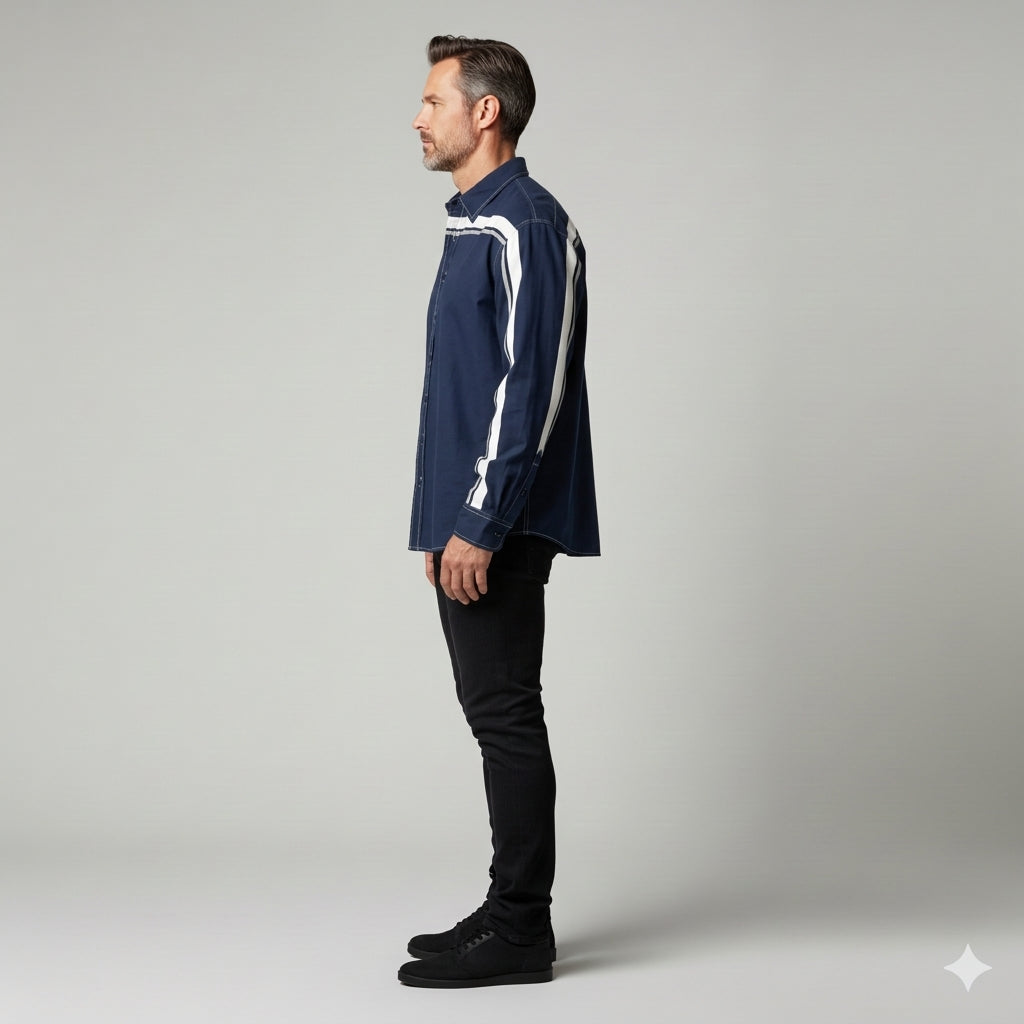Navy MotoStripe™ Oversized Men’s Button-Down Shirt 💙⚡