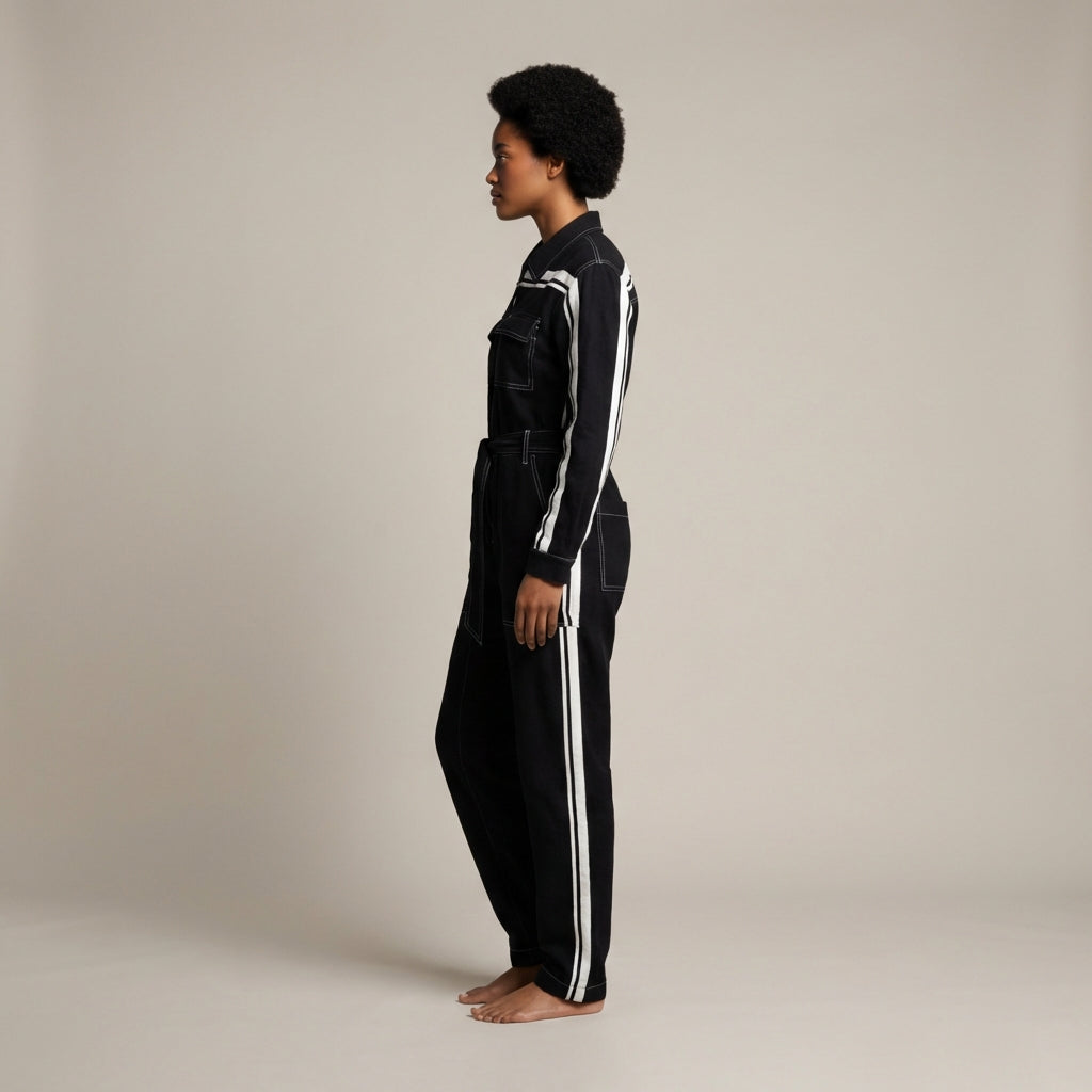 Black & White Lightweight Organic Cotton Flannel MotoStripe™ Jumpsuit