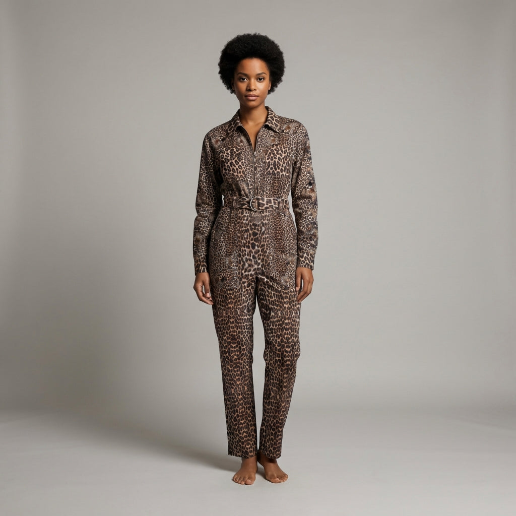 Leopard Head Zip Up Jumpsuit