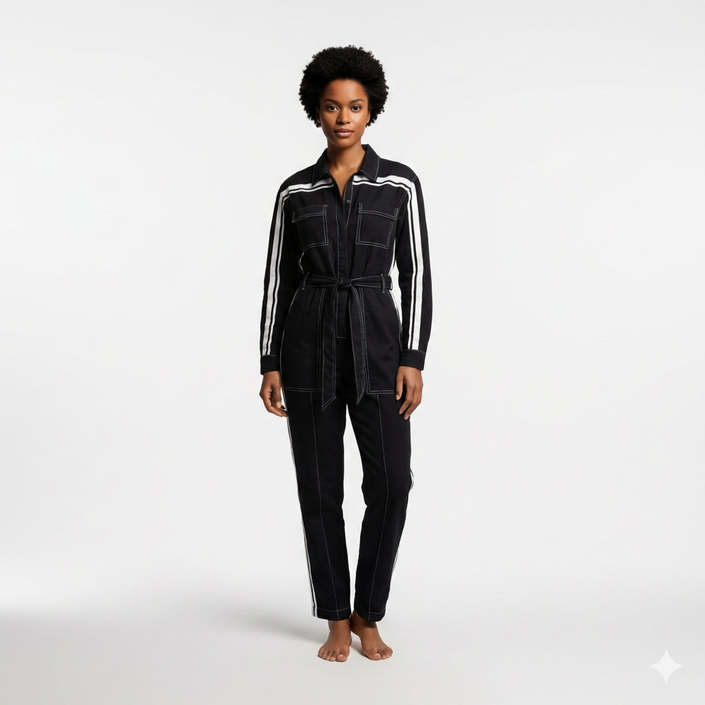 Black & White Lightweight Organic Cotton Flannel MotoStripe™ Jumpsuit