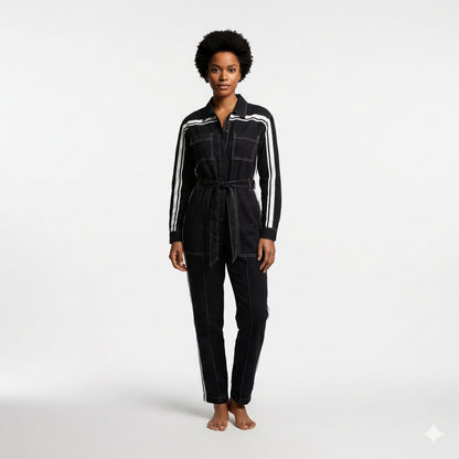 Black & White Lightweight Organic Cotton Flannel MotoStripe™ Jumpsuit