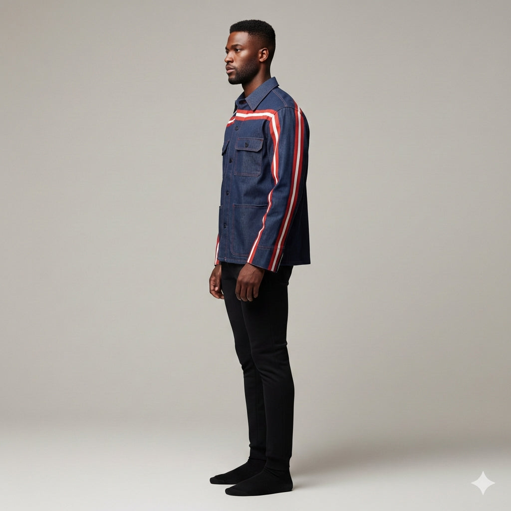 🟦🔴⚪ The Retro Blue MotoStripe™ Chore Coat