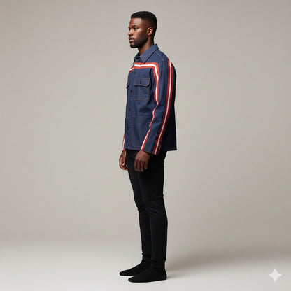 🟦🔴⚪ The Retro Blue MotoStripe™ Chore Coat