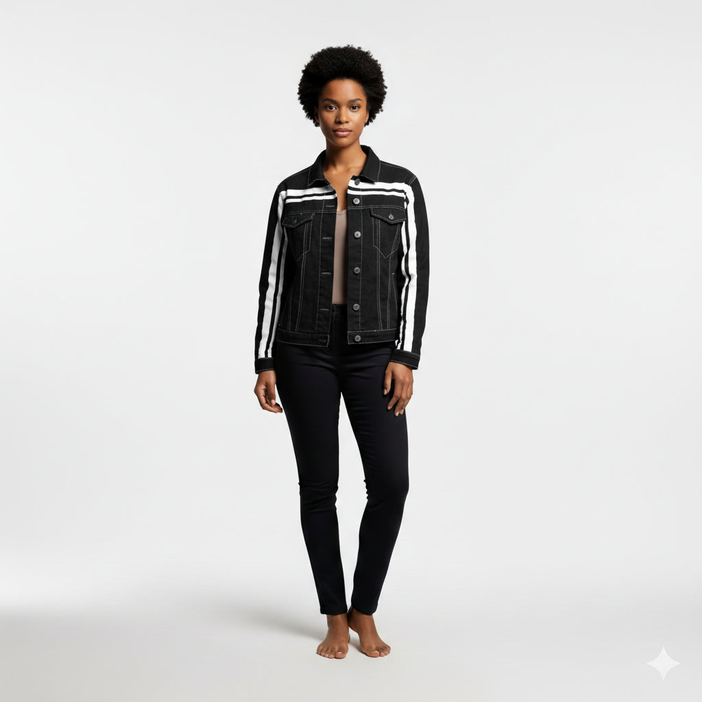 Black and White Stripe Women's Jean Jacket