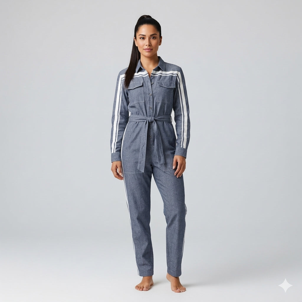 Acid Denim MotoStripe™ Button Jumpsuit