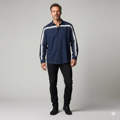 Navy MotoStripe™ Oversized Men’s Button-Down Shirt 💙⚡