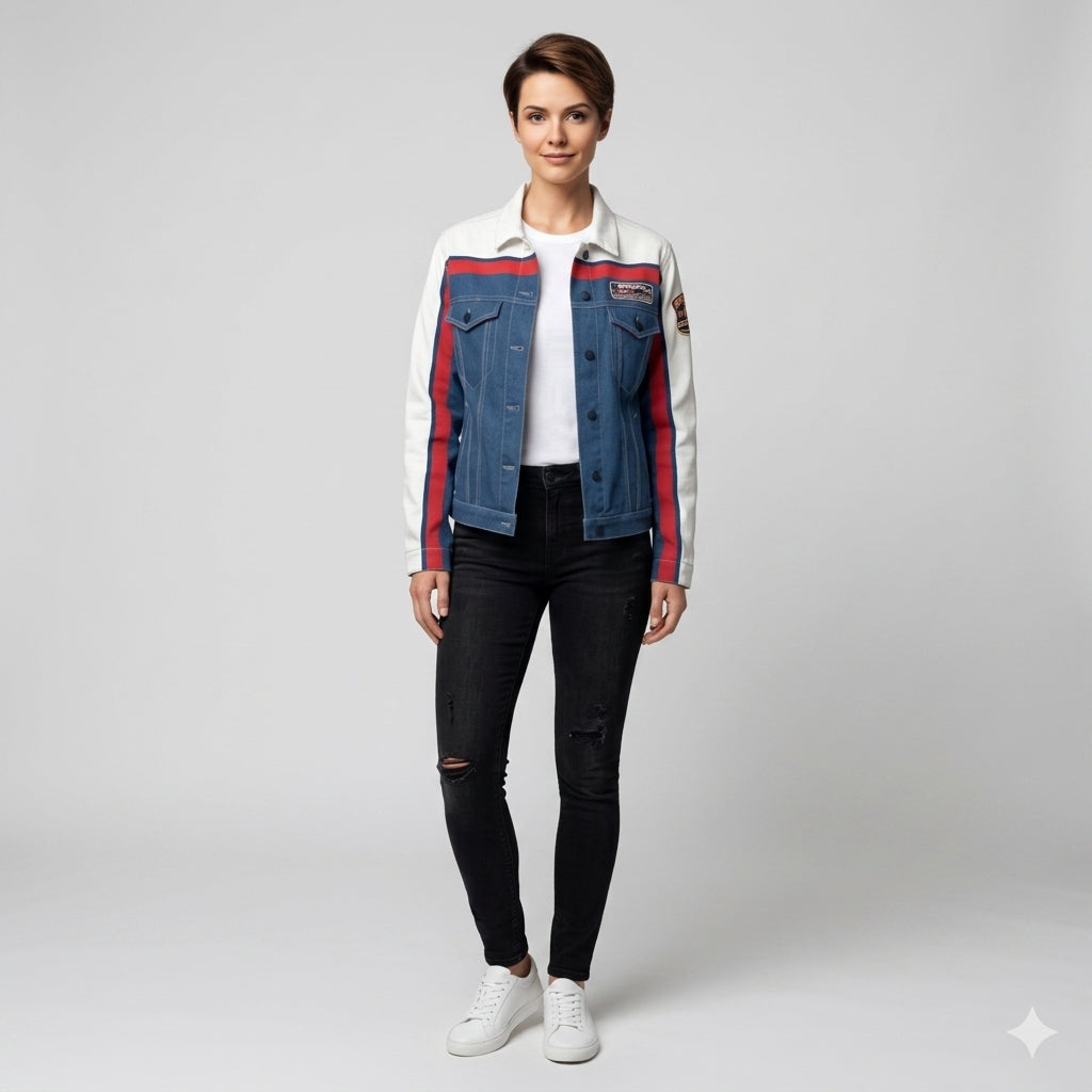 Retro MotoStripe™ Jean Jacket – Red, White & Blue