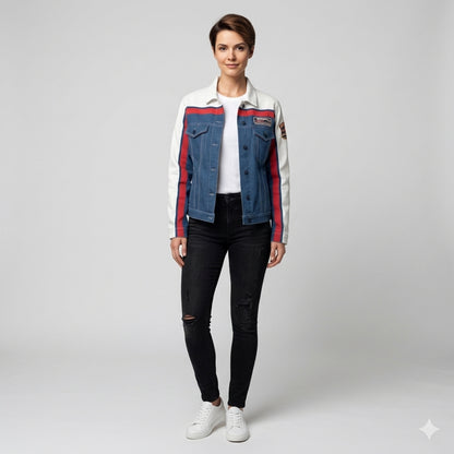 Retro MotoStripe™ Jean Jacket – Red, White & Blue