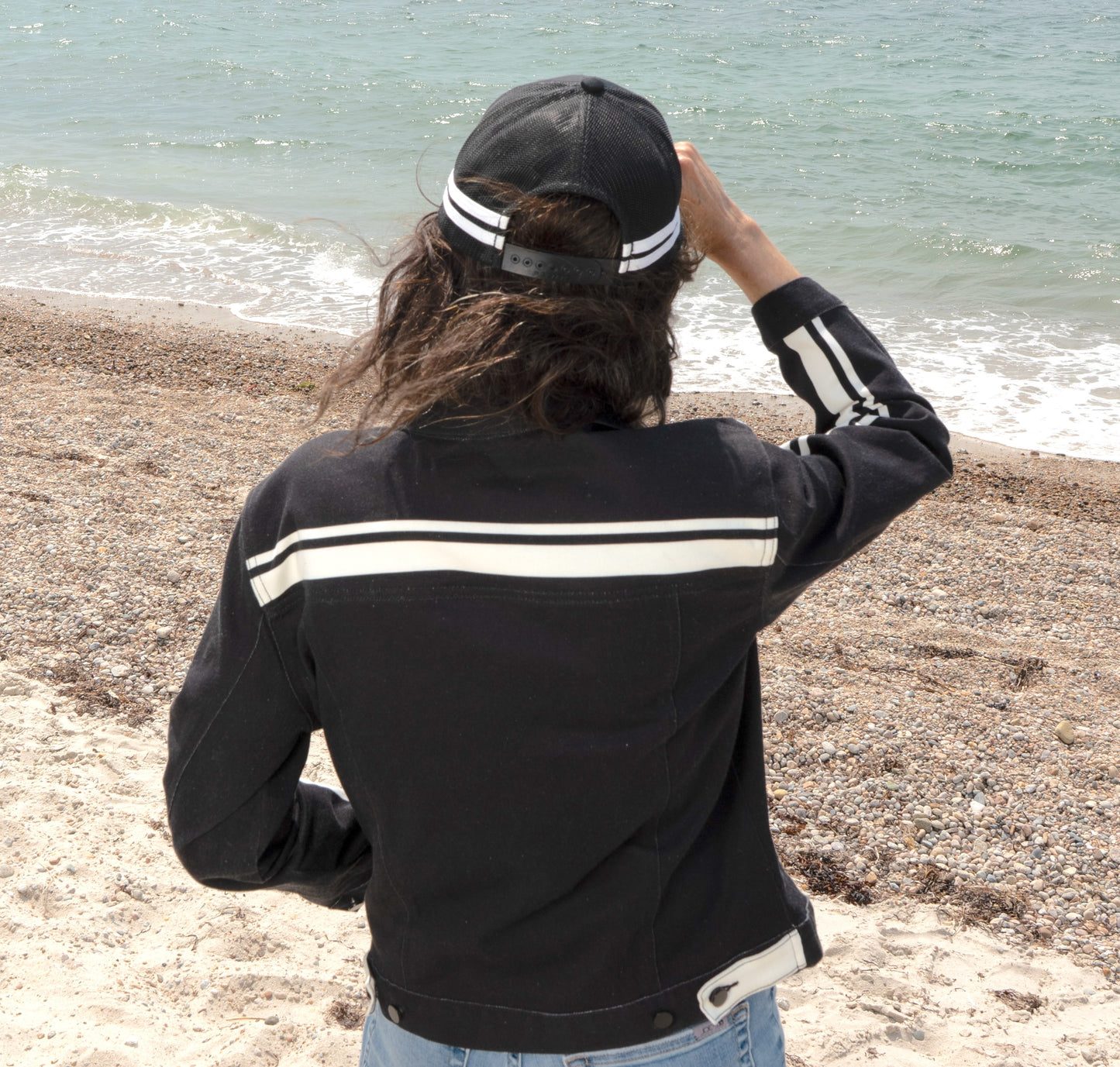 Black + White MotoStripe™ Women's Jean Jacket ⚫⚪ 🏁