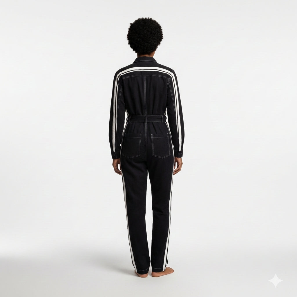 Black & White Lightweight Organic Cotton Flannel MotoStripe™ Jumpsuit