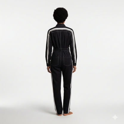 Black & White Lightweight Organic Cotton Flannel MotoStripe™ Jumpsuit