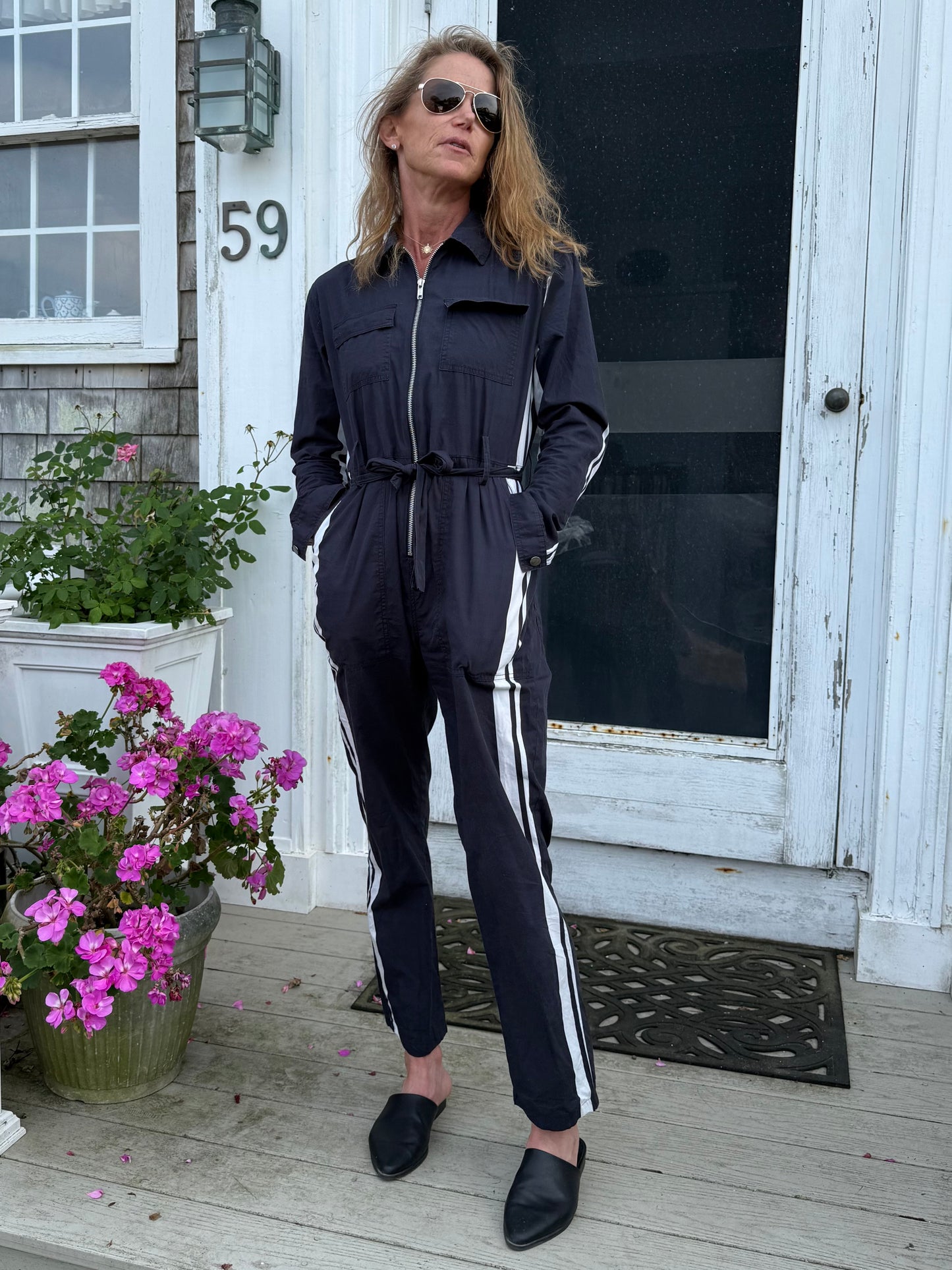 Black & White Zip Lightweight MotoStripe™ Jumpsuit