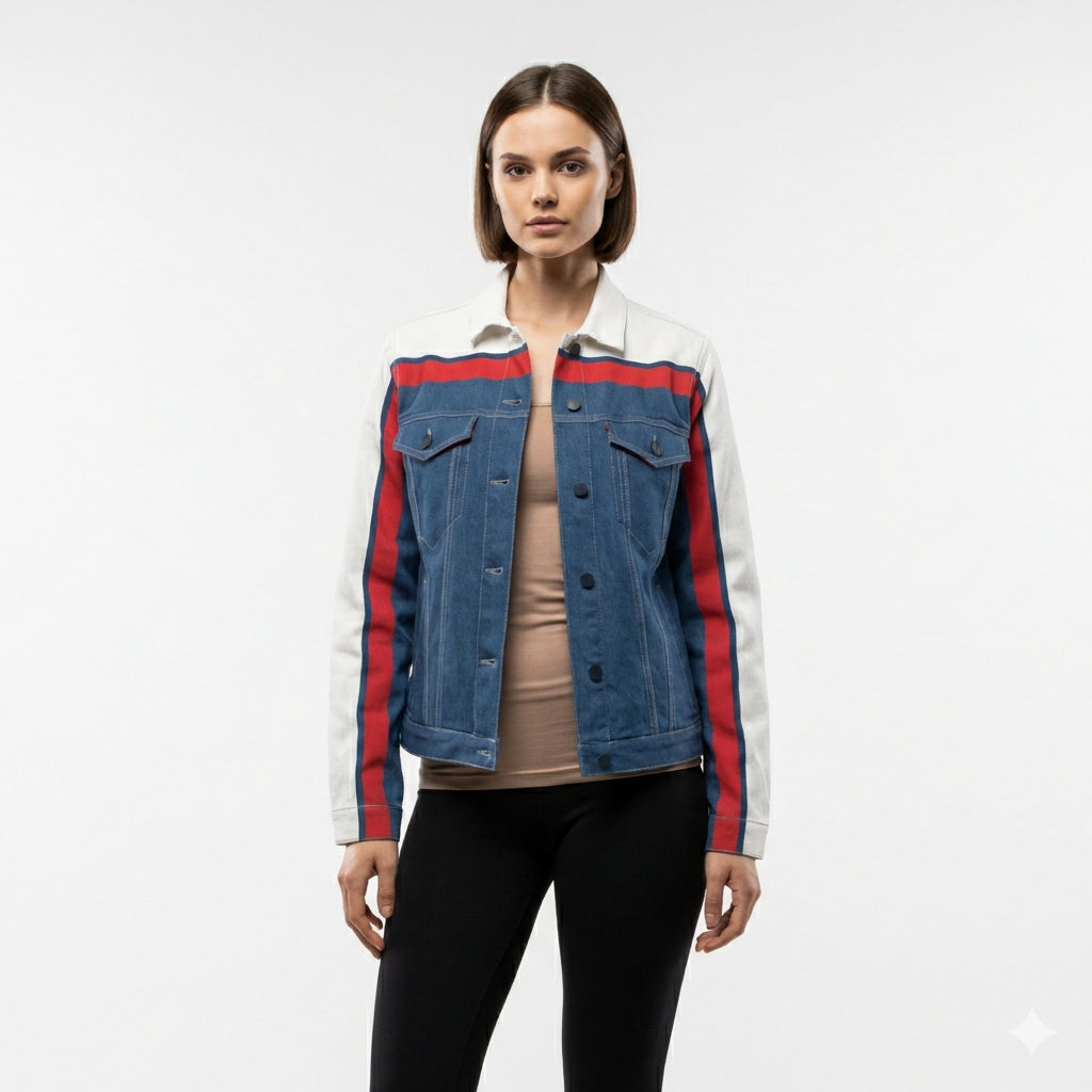 Retro MotoStripe™ Jean Jacket – Red, White & Blue