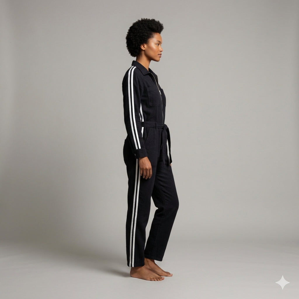 Black & White Lightweight Organic Cotton Flannel MotoStripe™ Jumpsuit
