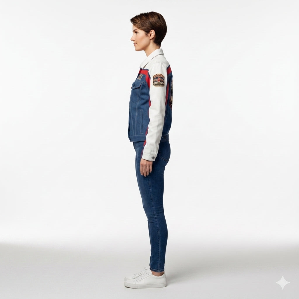 Retro MotoStripe™ Jean Jacket – Red, White & Blue