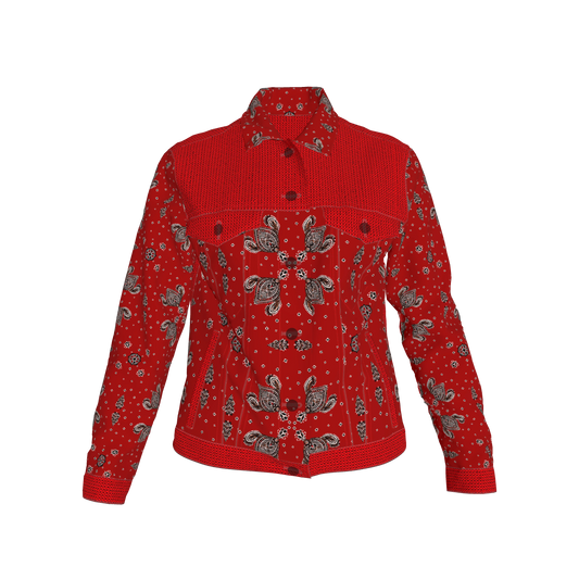 Red Bandana Faux Knit Women's Jean Jacket 