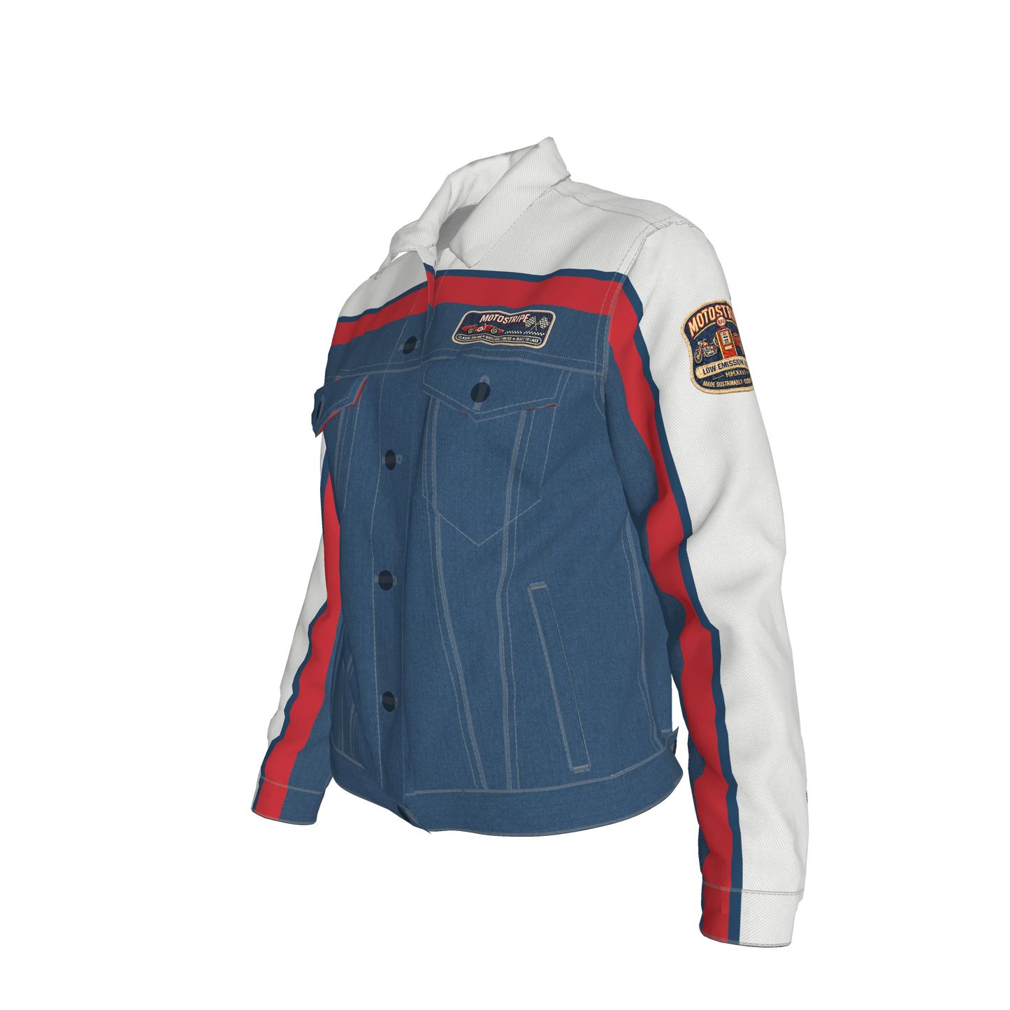 Retro MotoStripe™ Jean Jacket – Red, White & Blue