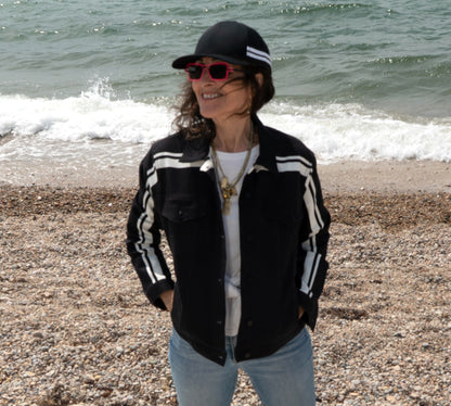 Black + White MotoStripe™ Women's Jean Jacket ⚫⚪ 🏁